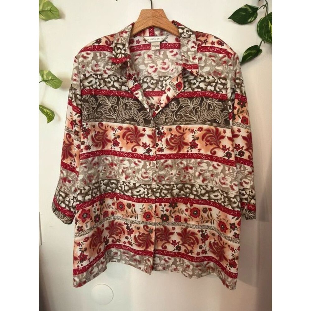 Vintage Allison Daley Size 18 Patchwork Floral Animal Print Button-Up Blouse